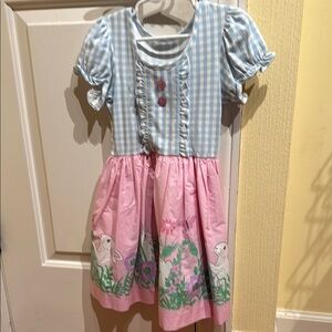Blue and Pink Kids Dress with Bunny Design